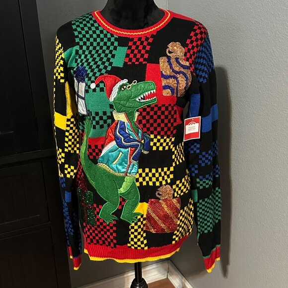 Holiday Time Ugly Christmas Sweater Womens S Dinosaur Red Black Sequins NWT - Picture 1 of 9